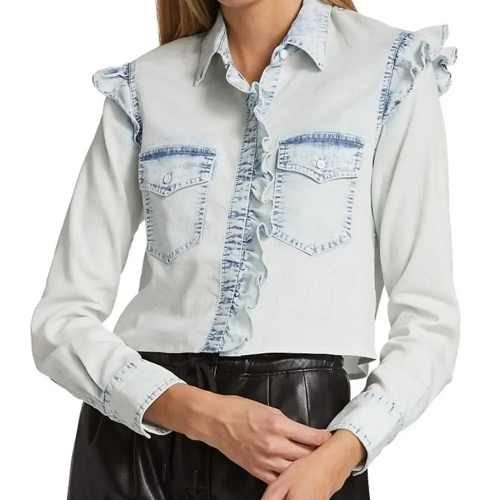 Alice + Olivia Ruffle denim button blouse size small - Picture 2 of 6